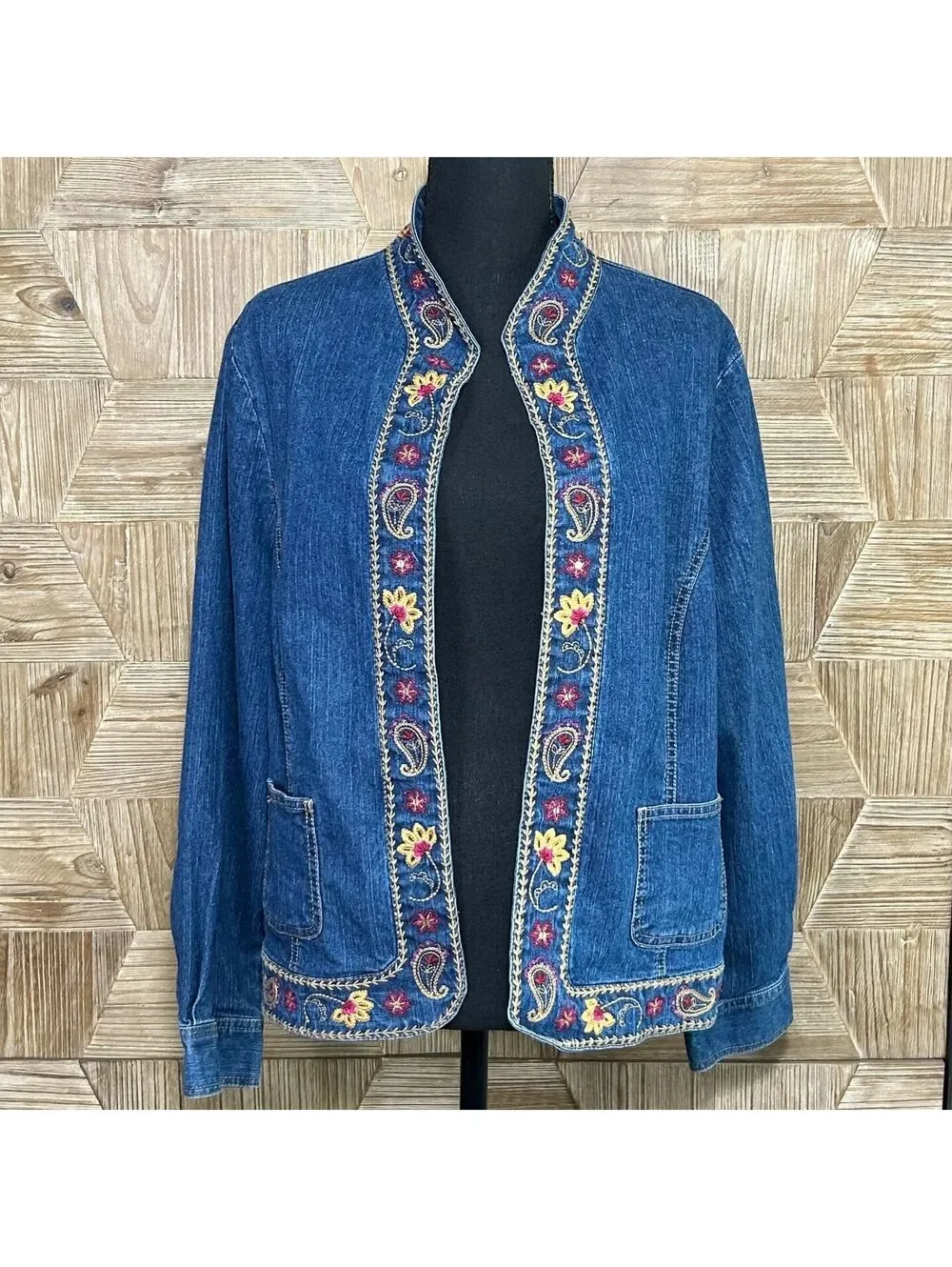 Alfred Dunner Boho Chic Blue Denim Floral Embroidered Open Front Jacket Size 14P